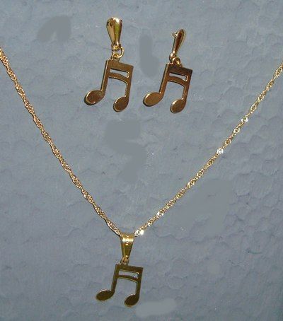 Colar semicolcheia + brincos dourado folhado a ouro 18 k